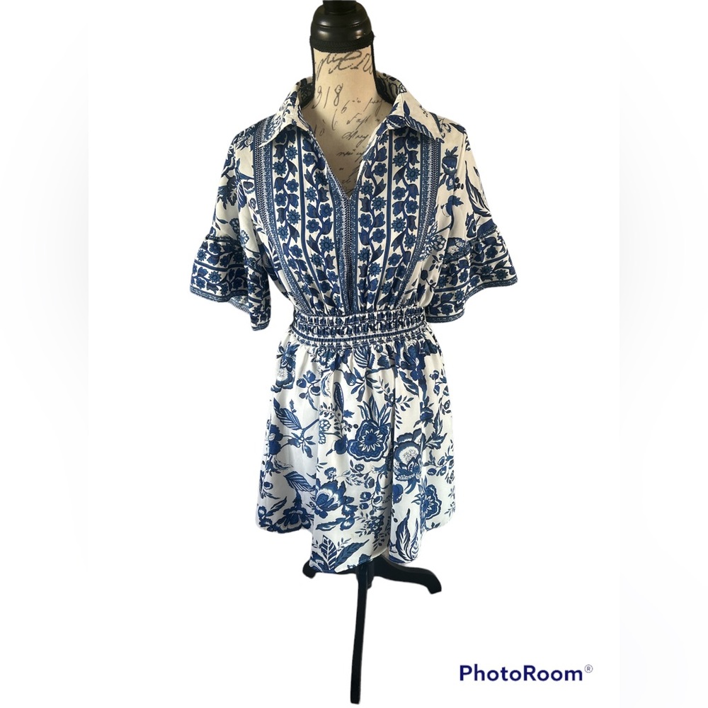 Blue and white Grecian dress